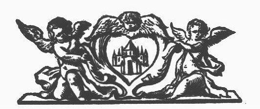 Castle in a decorated frame that is topped by a cherub and held at both sides by a putto