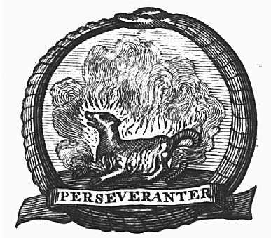 Salamander in a fire, encircled by Ouroboros; inscribed banderole