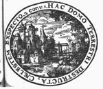 City view with a bridge across a canal; simple frame with inscription