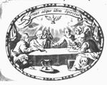 The four evangelists seated around a table, writing, inspired by the Holy Ghost, the four symbols assisting them; banderole with inscription; decorated frame
