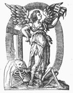 Allegory on the Christian Religion: a winged woman holding an open book, with text, and leaning against a tau-shaped cross; a bit hanging on one arm of the cross; a skeleton, symbolizing Death, below the feet of the woman