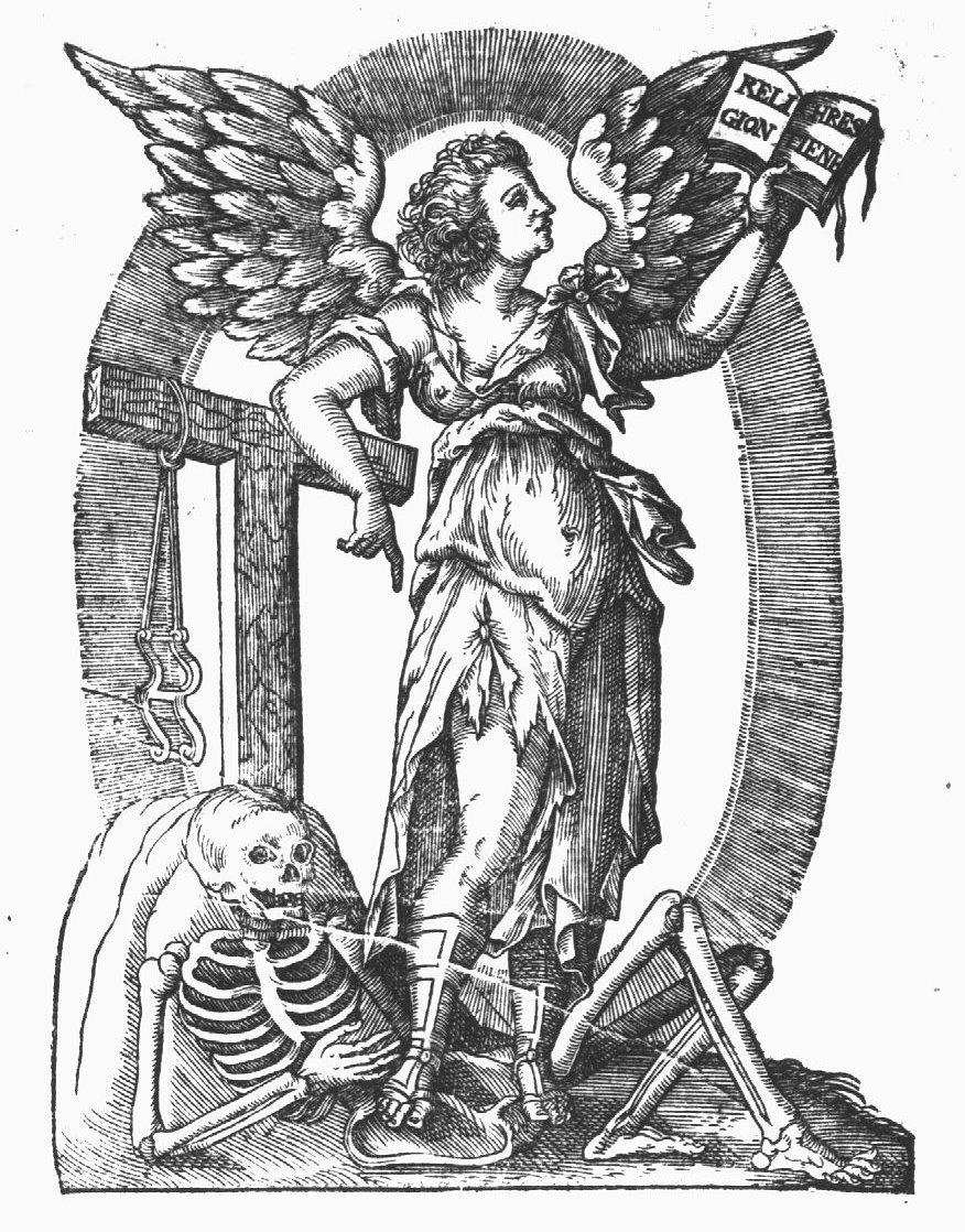 Allegory on the Christian Religion: a winged woman holding an open book, with text, and leaning against a tau-shaped cross; a bit hanging on one arm of the cross; a skeleton, symbolizing Death, below the feet of the woman