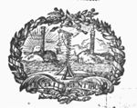 Rocky coast with beacon-light, pillars of Hercules, the sun as a face, ships; wreath of olive-branches with a ribbon as frame; palm-branches; banderole with inscription