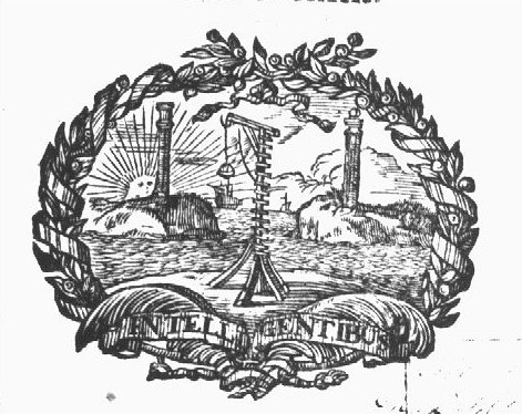 Rocky coast with beacon-light, pillars of Hercules, the sun as a face, ships; wreath of olive-branches with a ribbon as frame; palm-branches; banderole with inscription