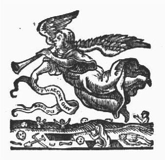 An angel, blowing a trumpet and holding a banderole, is flying over graves from which the resurrected arise