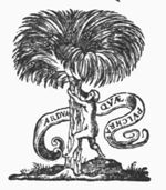 Naked man trying to climb a palm tree; banderole