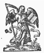 An angel holding a scythe and an open book