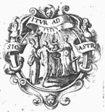 The Three Theological Virtues (Faith, holding a cross; Hope, holding an anchor; and Charity, with two naked children); Hope and Faith are leading a naked man by the hand; Jahweh-tetragram; frame decorated with cherub, hybrids and a banderole with inscription