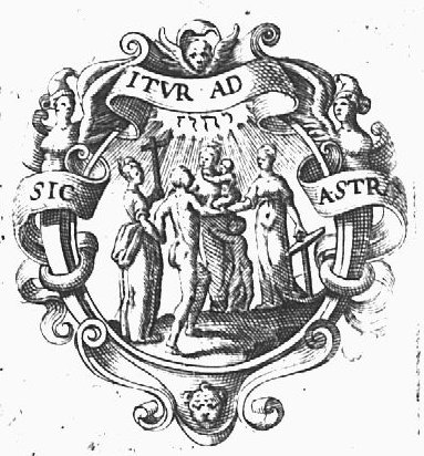 The Three Theological Virtues (Faith, holding a cross; Hope, holding an anchor; and Charity, with two naked children); Hope and Faith are leading a naked man by the hand; Jahweh-tetragram; frame decorated with cherub, hybrids and a banderole with inscription