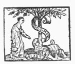 A tree with a woman carrying an oil-lamp(?) and a man, sitting on the ground; a banderole