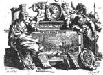 Central part shows Constantine in the battle of the Milvian bridge; surrounding this part are: a sitting woman holding a trumpet (Fame), two putti with palm-branches holding a medaillon with the portrait of Constantine, Minerva (owl, shield, helmet and lance), books