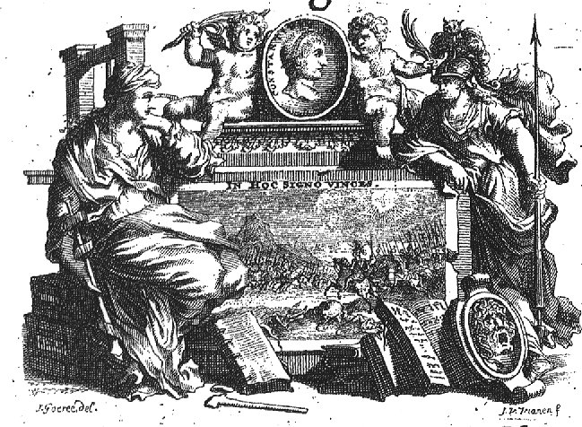 Central part shows Constantine in the battle of the Milvian bridge; surrounding this part are: a sitting woman holding a trumpet (Fame), two putti with palm-branches holding a medaillon with the portrait of Constantine, Minerva (owl, shield, helmet and lance), books