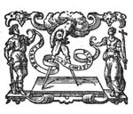 Compasses held by a hand from the clouds; Constancy (a woman with a cross) and Labour (a man with a spade) holding both ends of a banderole