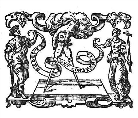 Compasses held by a hand from the clouds; Constancy (a woman with a cross) and Labour (a man with a spade) holding both ends of a banderole