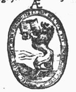 The book with the seven seals is held by the lion of Juda, standing on its hind legs