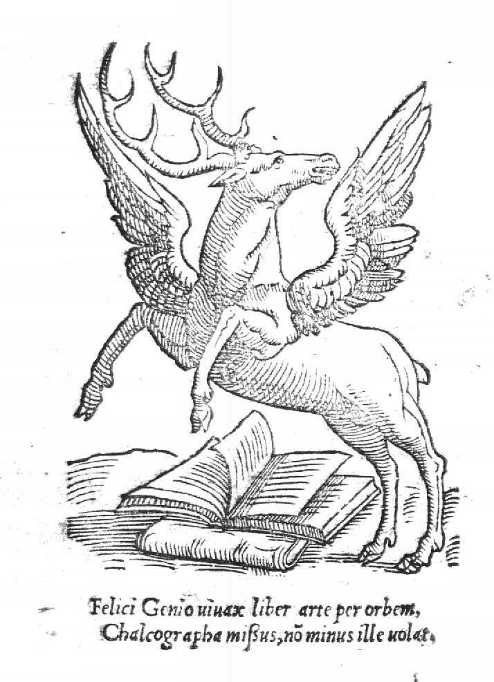 Winged deer, jumping over a set of books, one closed, one open