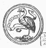 Crane, with a banderole in its beak, holding a stone in its claw, standing on a skull