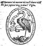 Crane, with a banderole in its beak, holding a stone in its claw, standing on a skull