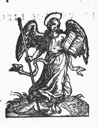 An angel holding a scythe and an open book
