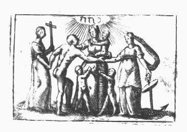 The Three Theological Virtues (Faith, holding a cross; Hope, holding an anchor; and Charity, with two naked children) standing in a circle; Hope and Faith are leading a naked man by the hand; Jahweh-tetragram