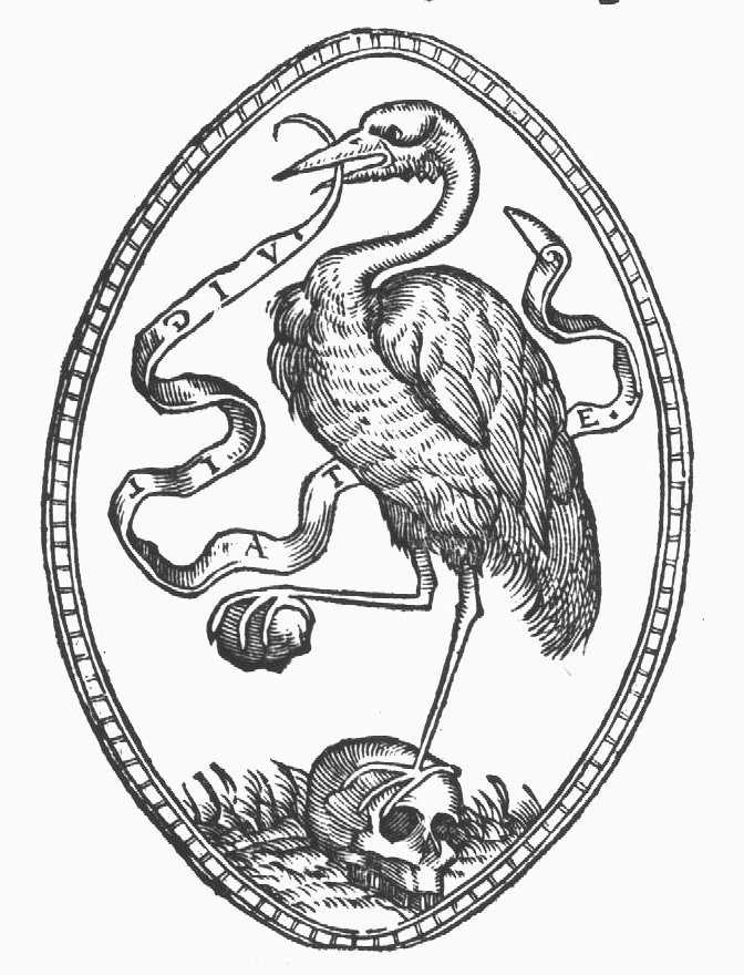 Crane, with a banderole in its beak, holding a stone in its claw, standing on a skull; simple frame