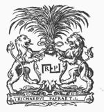 Two lions holding Pafraet's(?) 'Hausmarke' with his initials "R.P.", in front of a palm tree