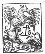 Griffin holding shield with Dirck Buyter's 'Hausmarke' and initials "D.B"; banderole with inscription