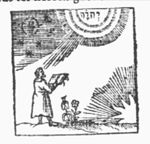 Man standing reading from a book; stars and a radiant Jahweh-tetragram above him; flowers and the setting or rising sun(?)