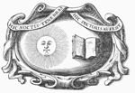 Sun represented as a face, next to an open book; decorated frame with inscribed banderole draped around it