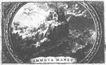 Four heads in the clouds symbolizing the four winds blowing fiercely against one side of a church standing motionless on a rock (pun on Dutch: 'harde berg'?); a sunlit landscape with some palm trees on the other side; banderole with inscription; decorated frame