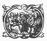 The four evangelists together, writing, the four symbols present; decorated frame with cherub