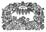 An angel holding a laurel in each hand; a Jahweh-tetragram; exuberant floral frame with inscribed banderole and monogram "H.G."