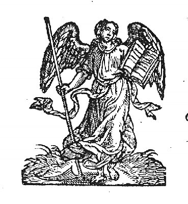 An angel holding a scythe and an open book