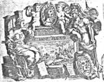 Central part shows Constantine in the battle of the Milvian bridge; surrounding this part are: a sitting woman holding a trumpet (Fame), two putti with palm-branches holding a medaillon with the portrait of Constantine, Minerva (owl, shield, helmet and lance), books