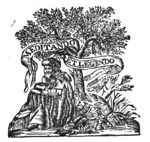 Old man sitting on the ground below a tree, reading; beside him on the ground: an armillary sphere, a quadrant, an ink-well and a quill, an open book, and a Jacob's staff; banderole
