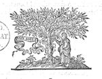 Man picking a bunch of grapes off a vine, winding itself round a tree; banderole