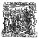 Personification of the city of Dordrecht: sitting woman, holding a palm- branch, 'giving birth to' books in her lap, a coat of arms (of Dordrecht) next to her; Poetry (woman with laurel wreath and folded paper) and Painting (woman with palette and brushes) hold a veil behind the sitting woman; city view of Dordrecht; banderoles with inscription