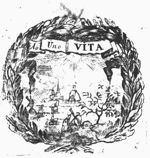 Landscape with windmill; rose-bush; inscribed banderole; wreath as frame