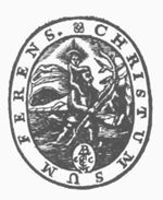 Saint Christopher, with the infant Christ on his shoulders, wading through the water and carrying his staff (palm-tree); 'Hausmarke' and initials "C.C"