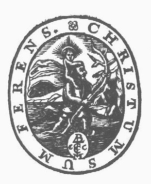 Saint Christopher, with the infant Christ on his shoulders, wading through the water and carrying his staff (palm-tree); 'Hausmarke' and initials "C.C"