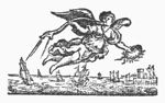 A flying woman, wings at the shoulder, blowing a trumpet and holding a laurel (Fame)