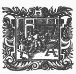 Three men at work in a printing office: a type-setter seated at a typecase, a printer and a man rolling ink-balls; frame of scrollwork and floral ornaments