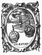 A hand from the clouds holding a pair of scales with a globe and a star-globe; frame decorated with winged women and festoons