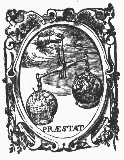 A hand from the clouds holding a pair of scales with a globe and a star-globe; frame decorated with winged women and festoons