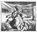A woman sitting on an anchor, her hands against each other in front of her chest (Hope), an open book at her feet with a representation of the sacrifice of Isaac; a ship and a rock in the background