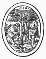 St. Paul setting out a tree, St. Apollos watering a tree; a Jahweh-tetragram; 'Hausmarke' with monogram "L.V.B."