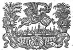 Flying woman with wings at the shoulder, laurel on the head, two trumpets (Fame), on one of the trumpets a banner with the sun represented as a face and the abbreviated inscription 'Sol iustitiae illustra nos'; view of a city (Utrecht); banderole with inscription