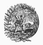 A man (a farmer, in old Dutch also: 'bouman') spading in a landscape; Jahweh-tetragram; a laurel-branch and a palm-branch as frame