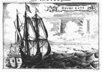 Sailing-ship guided by a pillar of cloud and a pillar of fire, a woman standing on an anchor (Hope) on its stern; banderole with inscription