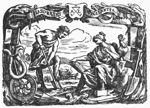 A sitting woman (Vigilance) with an open book, an oil-lamp and a cock; a man digging (Labour) with a spade; in the background a hay-wagon; frame decorated with various tools, e.g. sickle and saw, and with an inscribed banderole; 'Hausmarke' and initials "A.L."